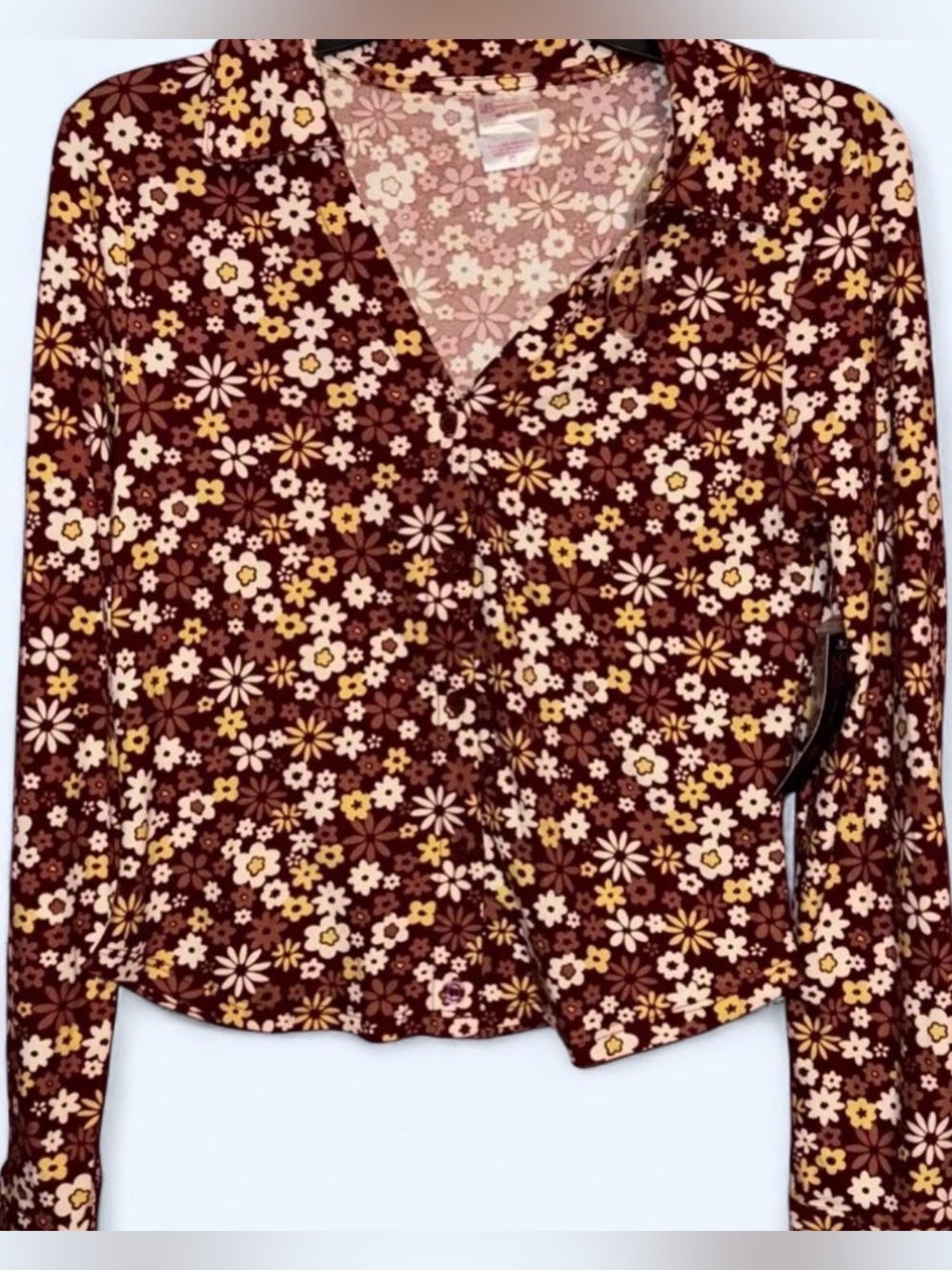 No Boundaries Red Buttoned Crop Blouse with Notched Collar